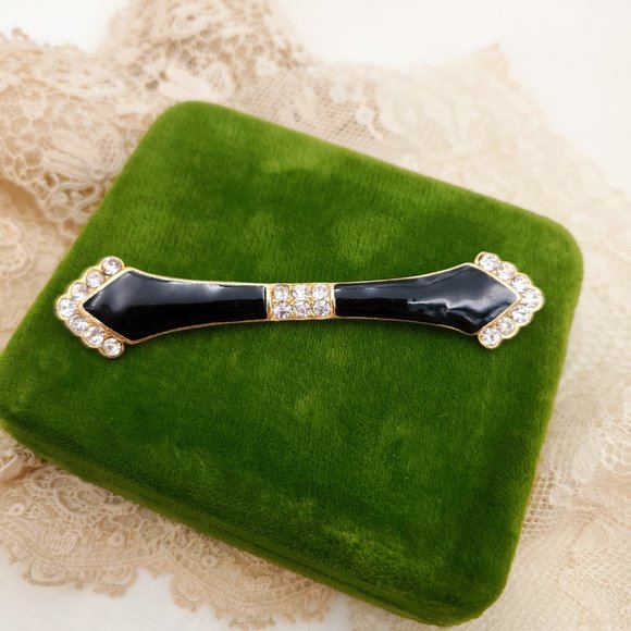 Vintage Art Deco Style Black Enamel Brooch, Rhinestone Collar Bar Pin - Picture 2 of 7